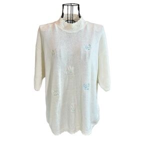 Vintage Chelsea Gardens Knit Embroidered Floral Summer Sweater Cream Size Large